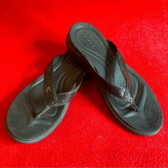 CROCS Sz  10 Toe Post Thong Sequin Comfort Flip Flops Sandals - Picture 1 of 10